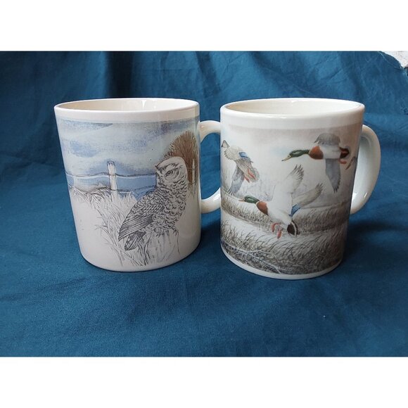 Pair of Otagiri coffee mugs owl ducks fall scene great for cottage or cabin - Picture 1 of 10